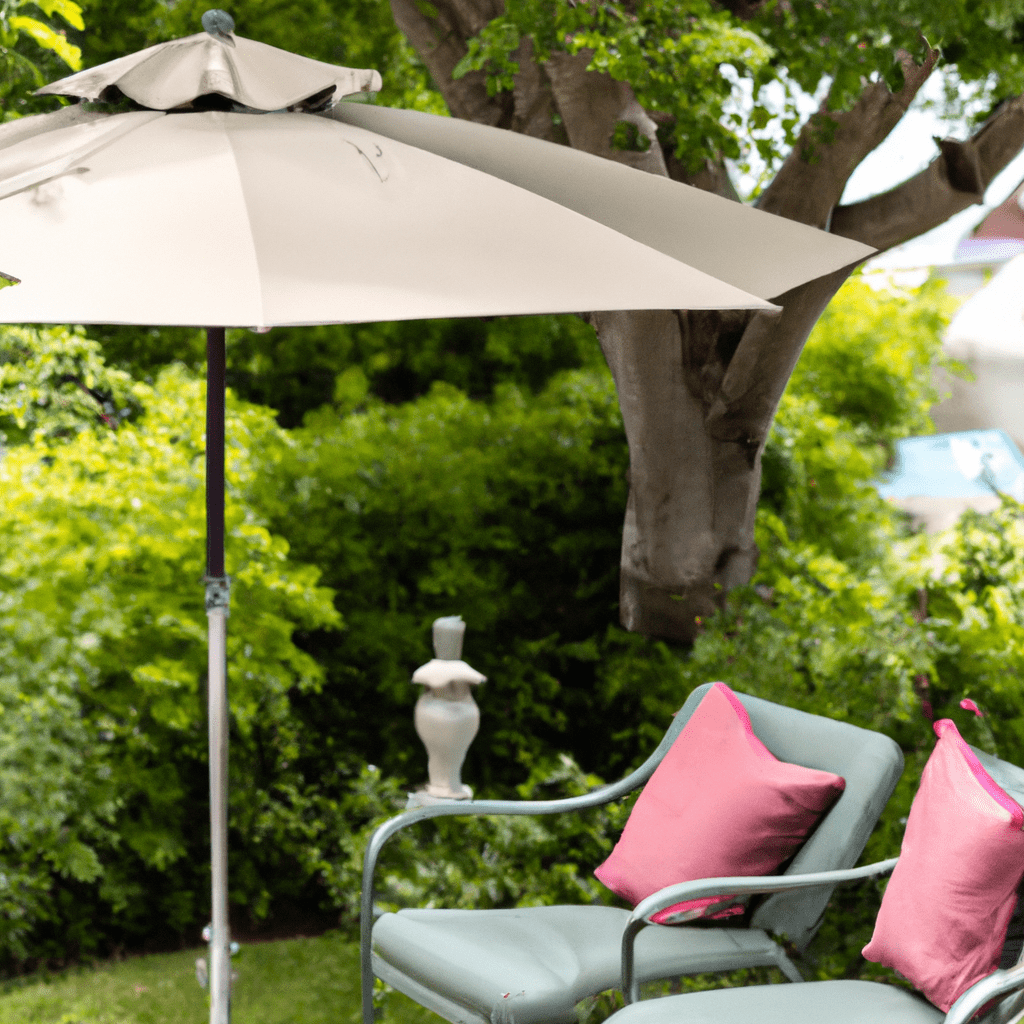 2 - A photo of a cozy outdoor seating area with comfortable chairs and a shade umbrella, perfect for mothers to relax and unwind in their garden.. Sigma 85 mm f/1.4. No text.